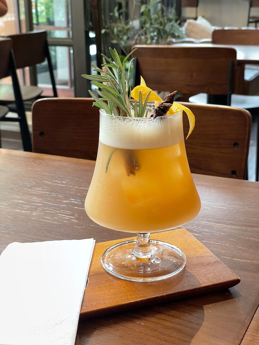 Golden drink in a sunlit café